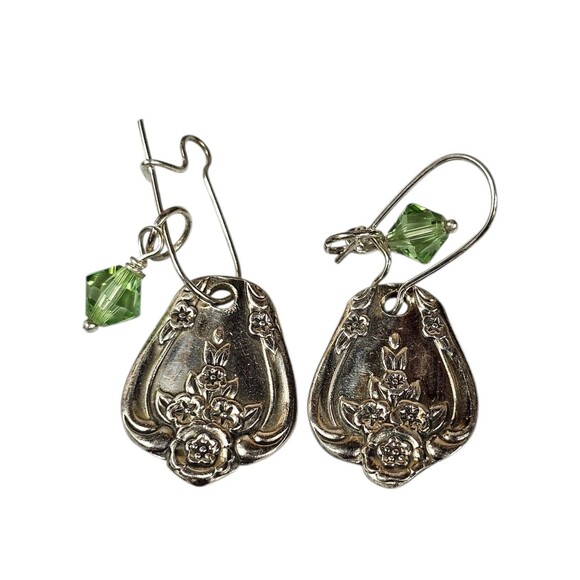 Vintage Silver Floral Spoon Handle Earrings with Green Crystal Beads Dangle Drop - Picture 1 of 8